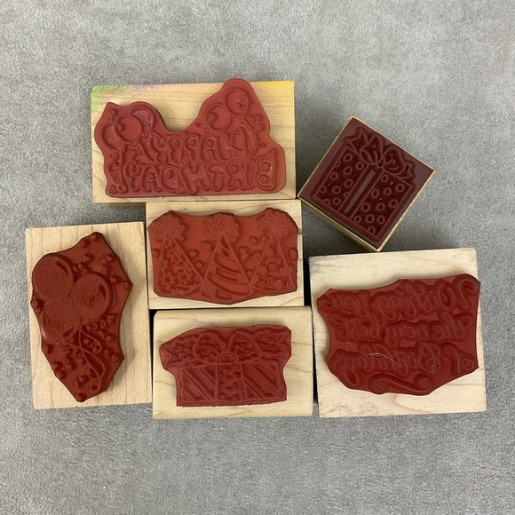 Vintage Happy Birthday rubber stamps hats balloons presents & sayings - Picture 2 of 4